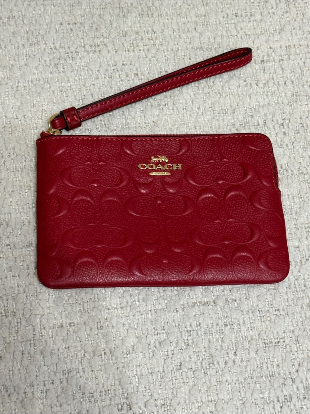 Coach Red Embossed Signature Leather Corner Zip Wristlet Gold Tone Hardware
